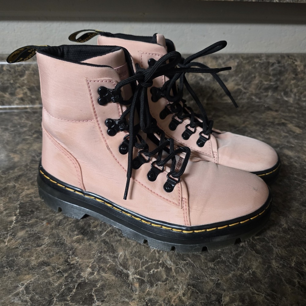 Dr Martens Combs W Pink Canvas Combat Boots Women's Size 7 Lace Up Lug Sole